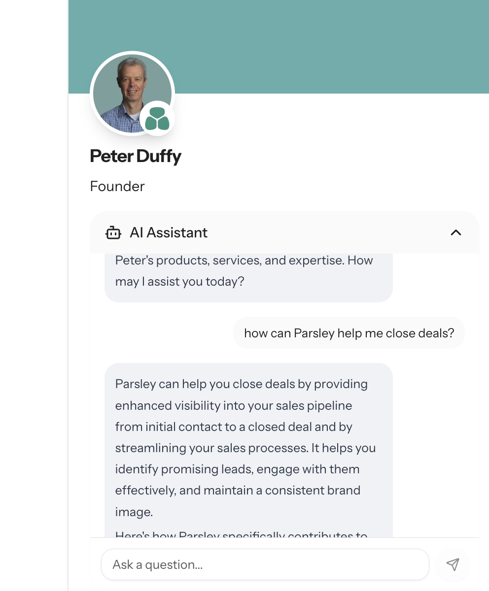 Chatbot conversation showing prospect question, response, and intelligence view