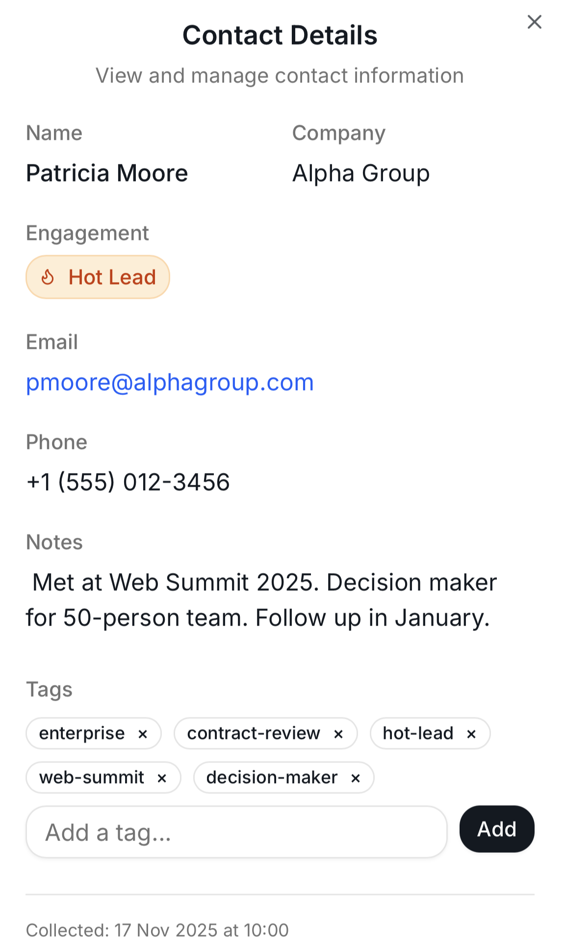 Contact detail showing Patricia Moore from Alpha Group as a Hot Lead, with notes about meeting at Web Summit and tags for easy filtering